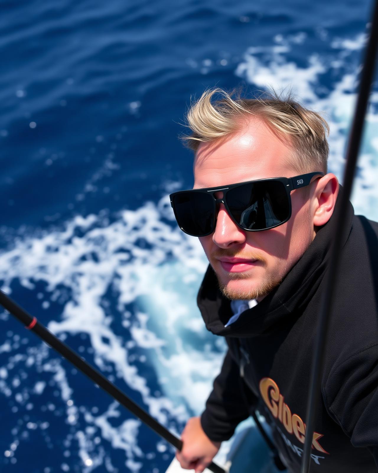 Offshore angler on a boat wearing wraparound Aqua Vision polarized fishing sunglasses