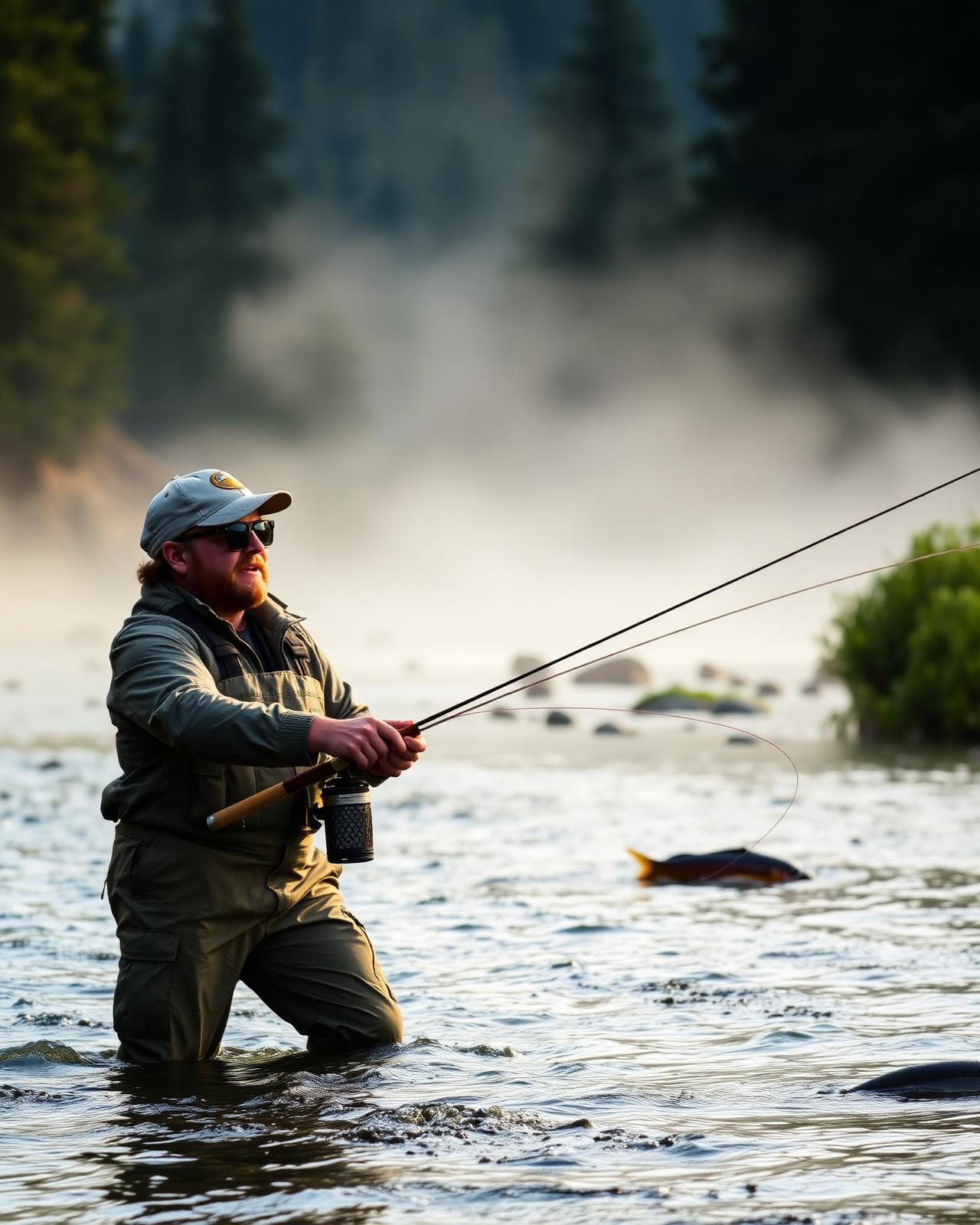 Fly fisherman wading a misty mountain river wearing Aqua Vision polarized glasses