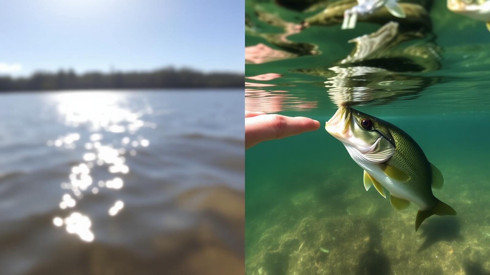 Side by side: lake surface glare versus clear underwater view of bass through Aqua Vision polarized fishing glasses